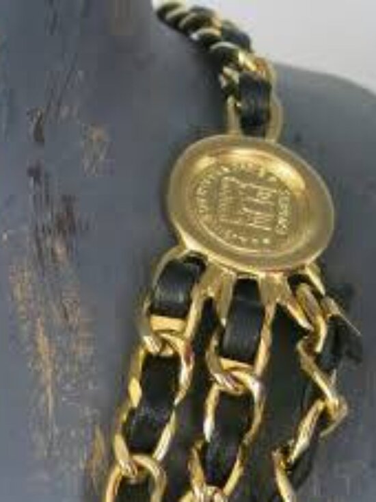 Vintage EXP Gold Tone Chain Belt with Black Leather Weave & Medallion Coins main image 5